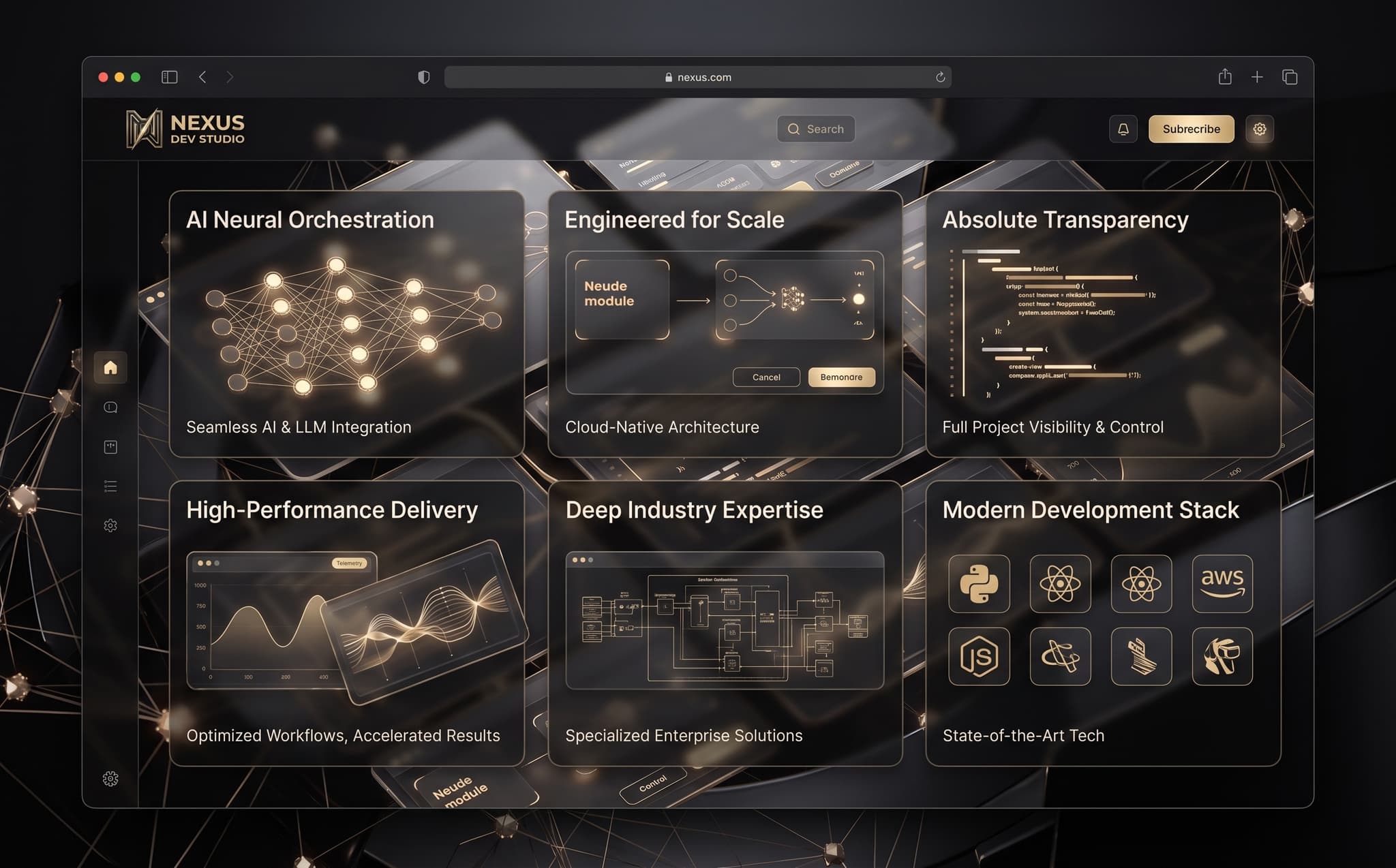 Nexus Dev Studio engineering workspace — platform dashboards under review